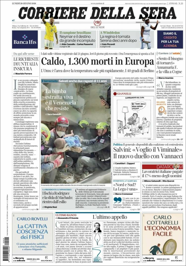 Portada de Corriere della Sera (Italia)