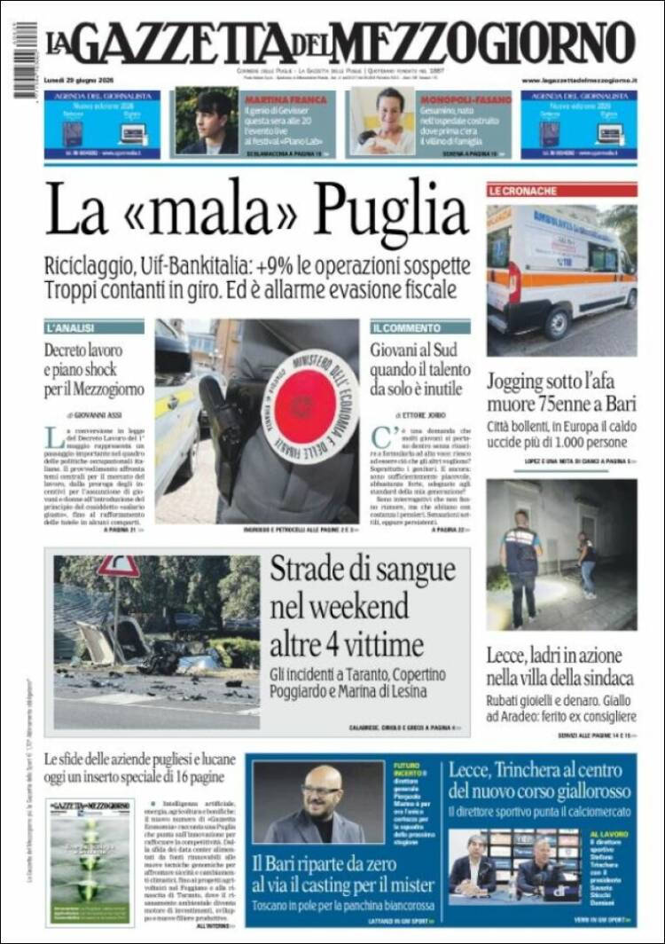 Portada de La Gazzetta del Mezzogiorno (Italia)