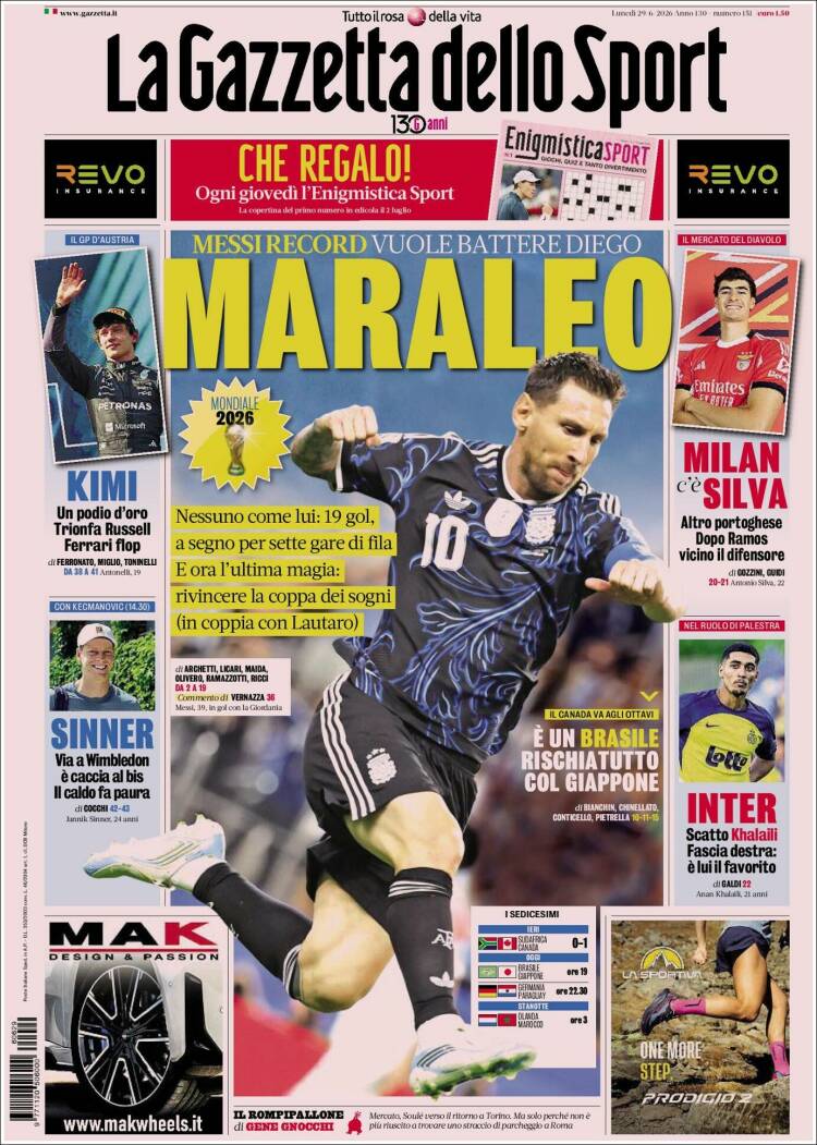 Portada de La Gazzetta dello Sport (Italia)