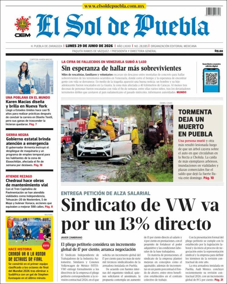 Portada de El Sol de Puebla (M&eacute;xico)