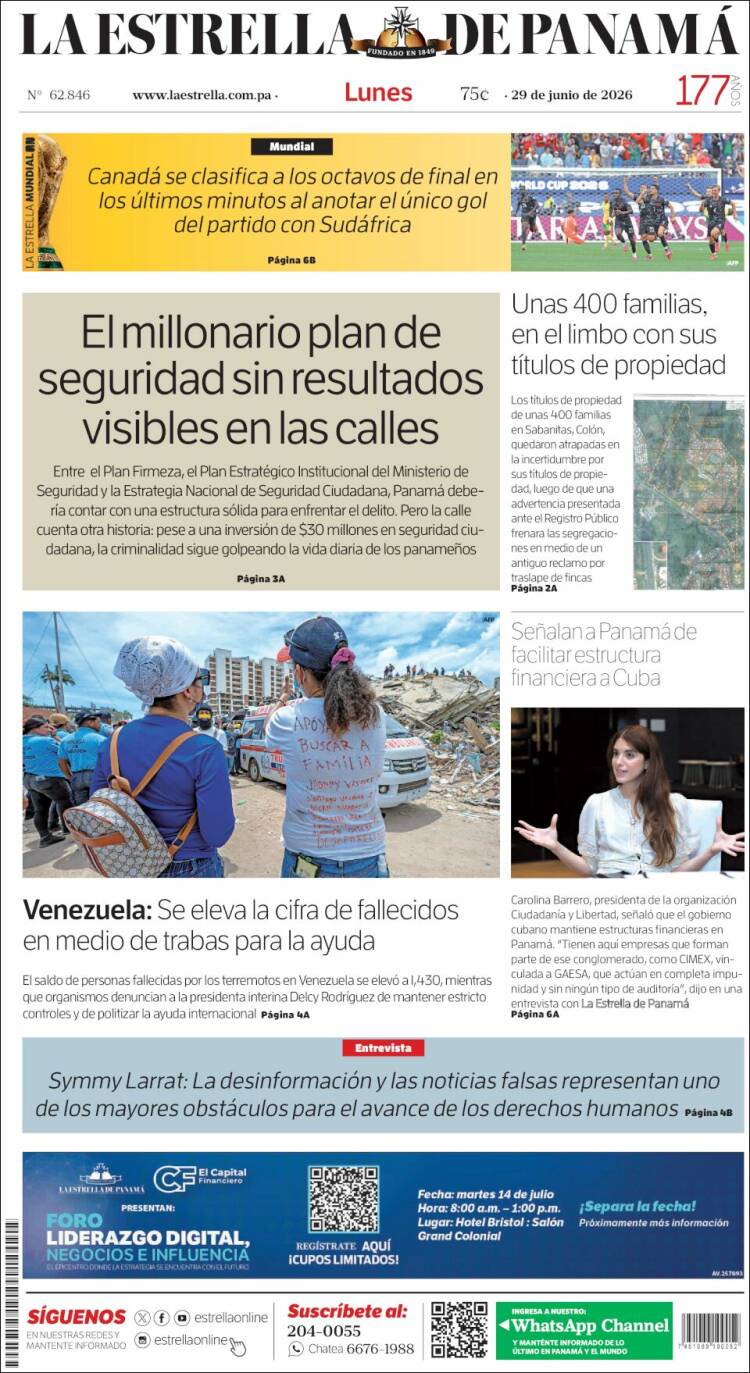Portada de La Estrella de Panamá (Panam&aacute;)