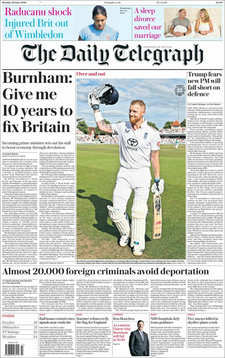 Portada de Daily Telegraph (Reino Unido)