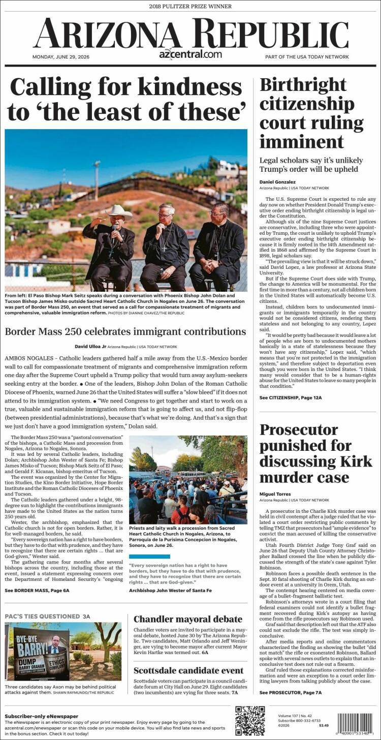 Portada de Arizona Republic News (USA)