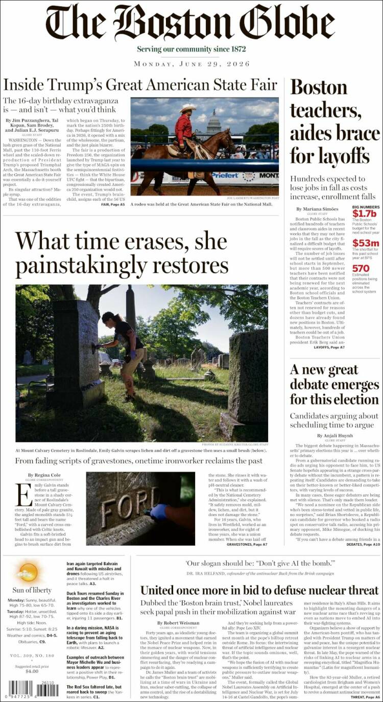 Portada de Boston Globe (USA)