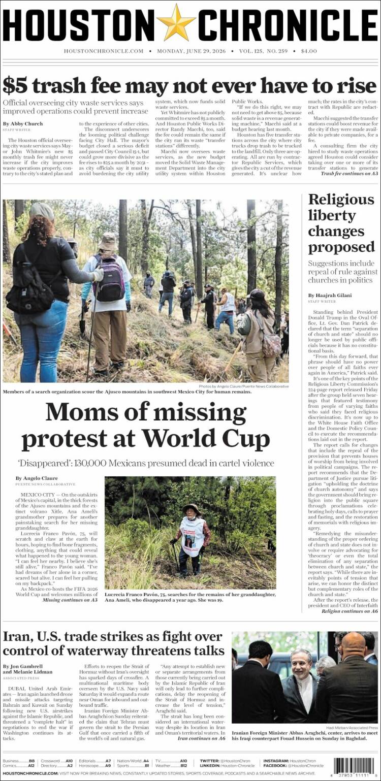 Portada de Houston Chronicle (USA)