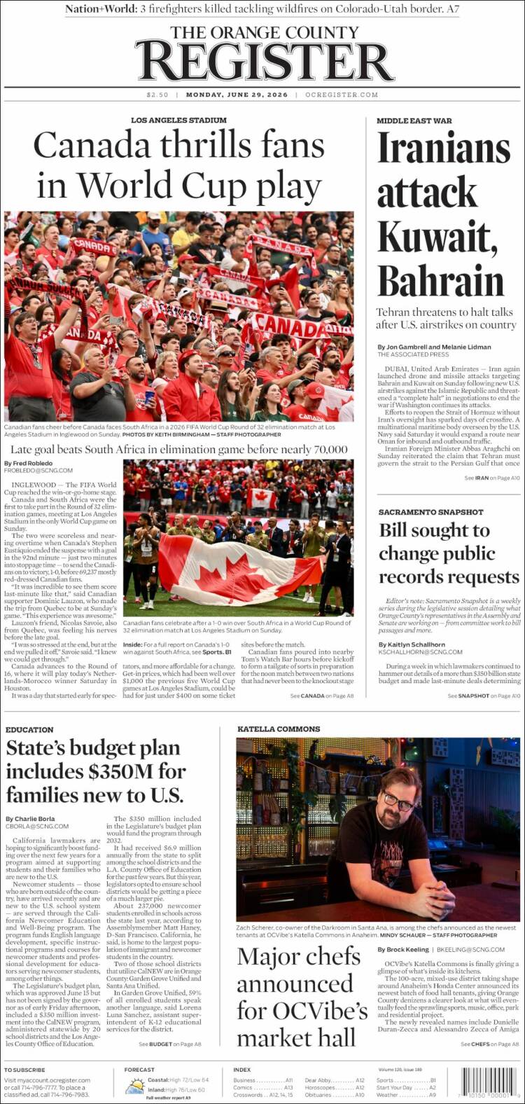 Portada de The Orange County Register (USA)