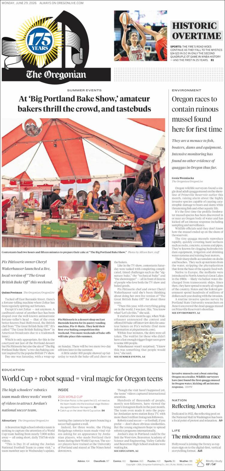 Portada de The Oregonian (USA)