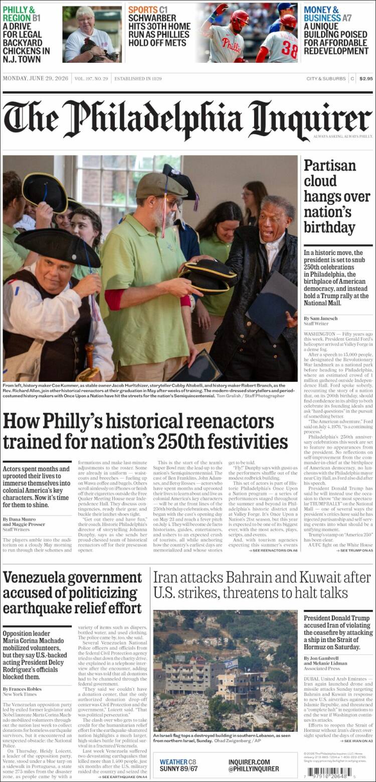 Portada de Philadelphia Inquirer (USA)