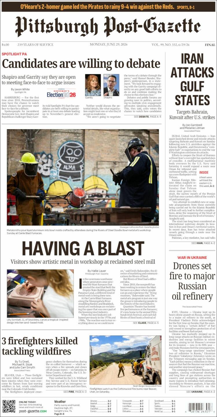 Portada de Pittsburgh Post-Gazette (USA)