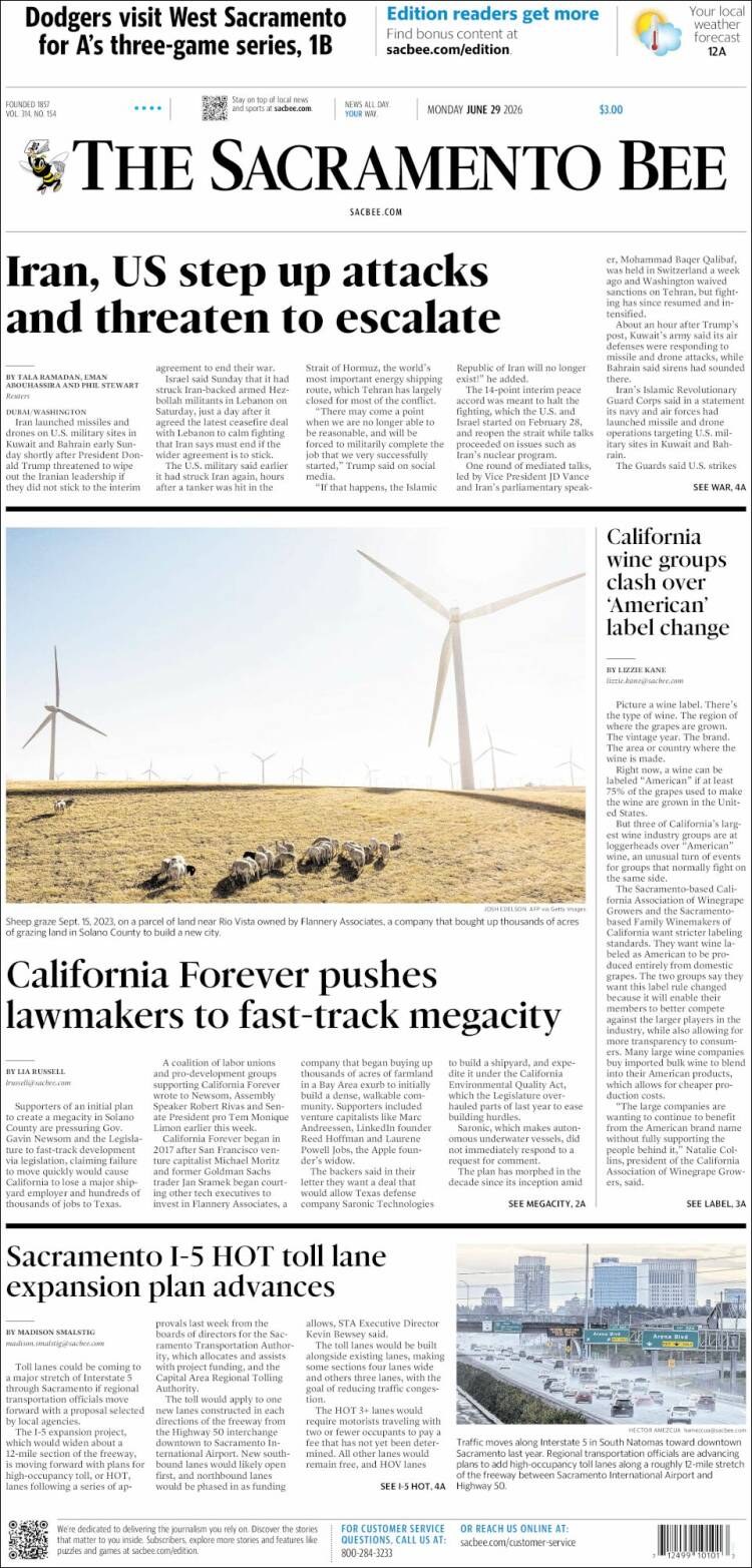 Portada de The Sacramento Bee (USA)