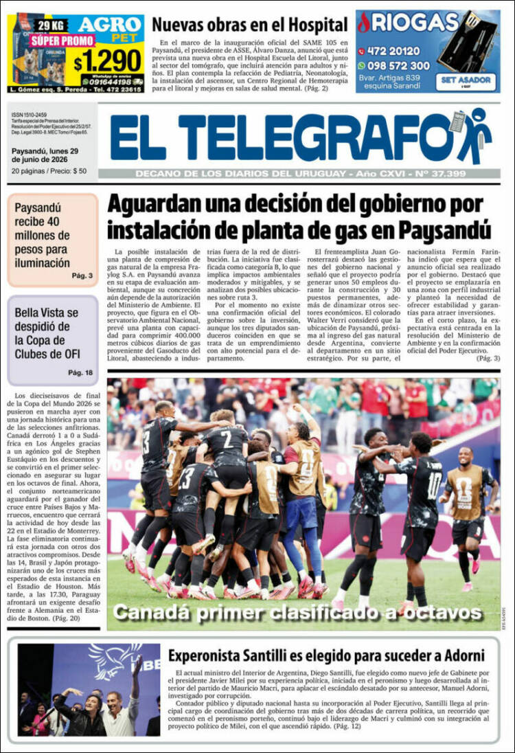 Portada de El Telégrafo (Uruguay)
