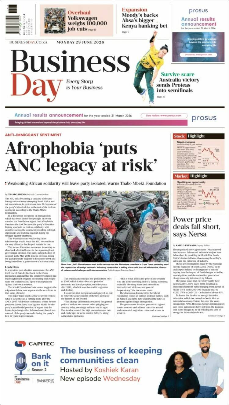Portada de Business Day (Sud&aacute;frica)