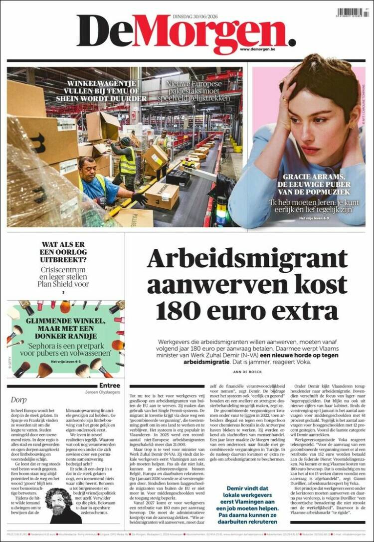 Portada de De Morgen (B&eacute;lgica)