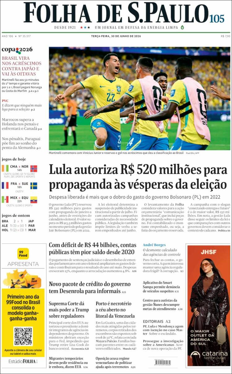 Portada de Folha de São Paulo (Brasil)