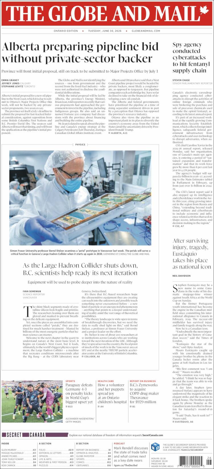 Portada de The Globe and Mail (Canad&aacute;)