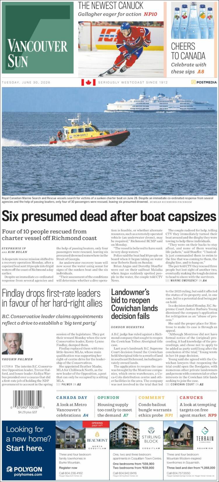 Portada de The Vancouver Sun (Canad&aacute;)