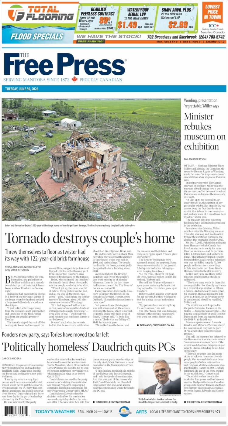 Portada de Winnipeg Free Press (Canad&aacute;)
