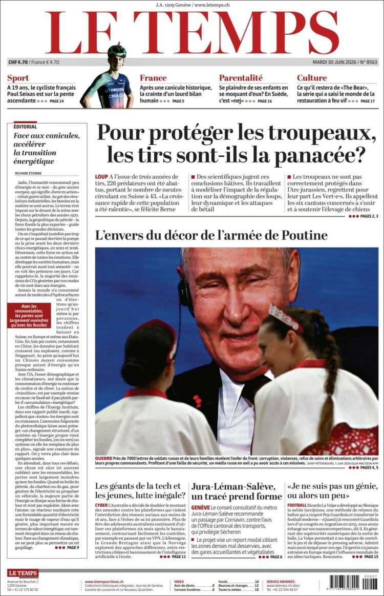 Portada de Le Matin (Suiza)