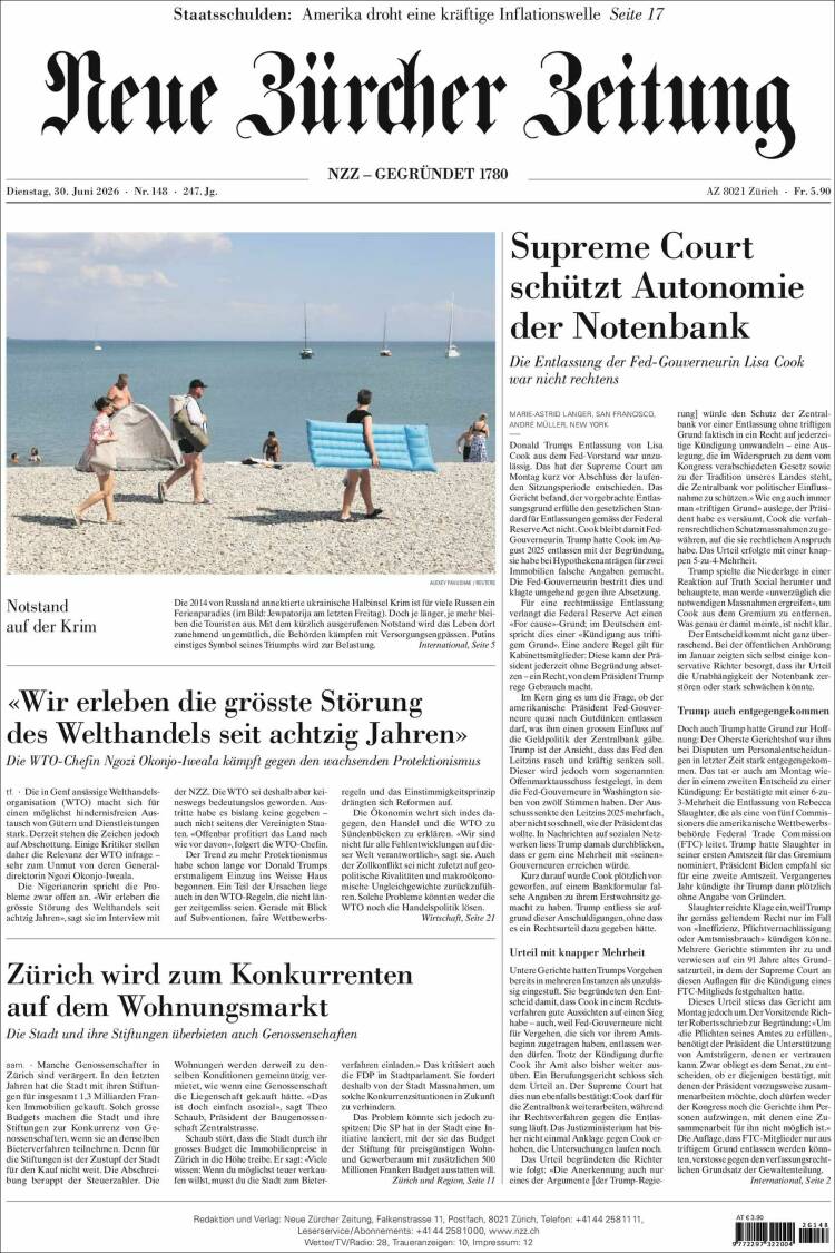 Portada de Neue Zürcher Zeitung (Suiza)