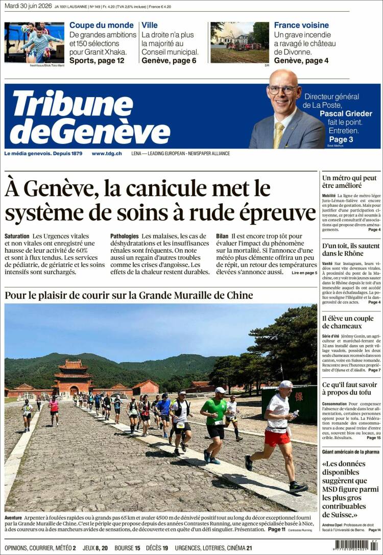 Portada de La Tribune de Genève (Suiza)