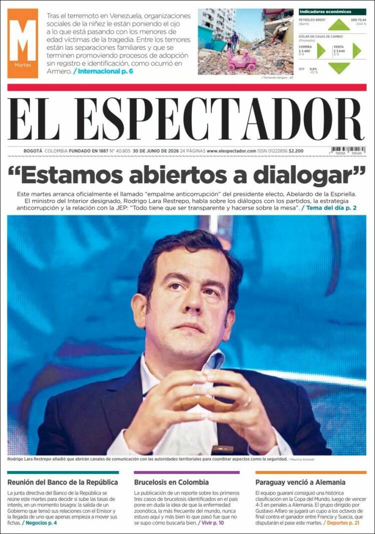 Portada de El Espectador (Colombia)