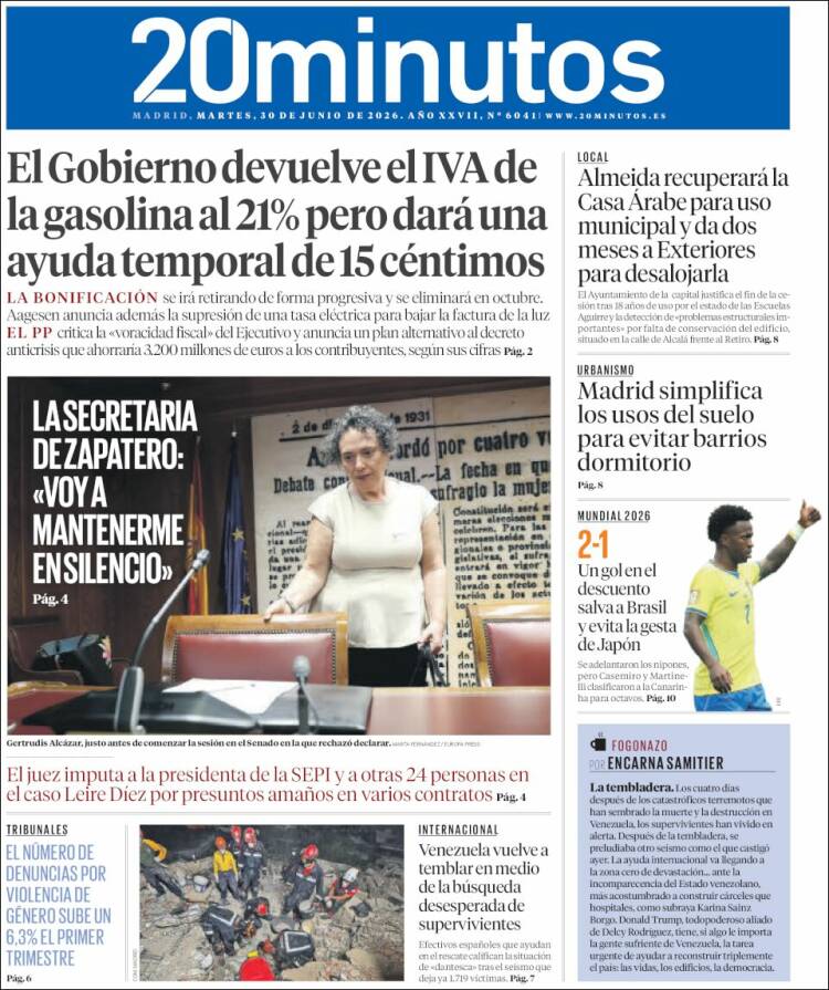 Portada de 20 Minutos - Madrid (Espa&ntilde;a)