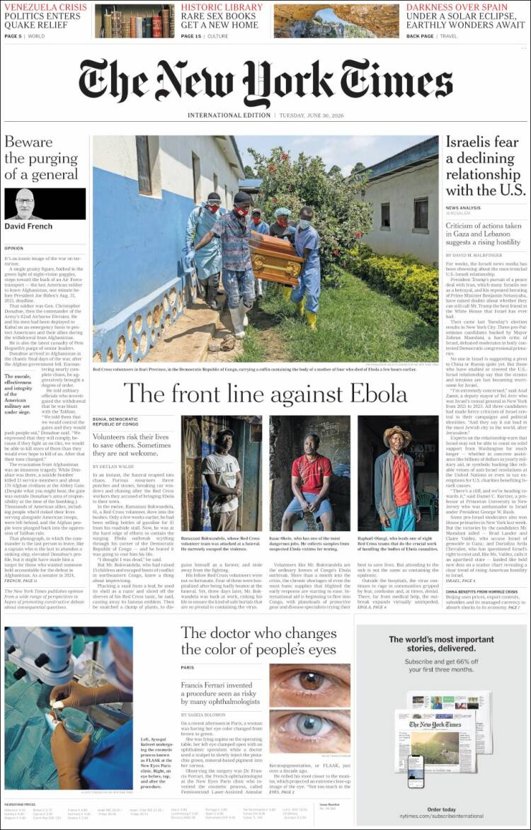 Portada de International New York Times (Europa)