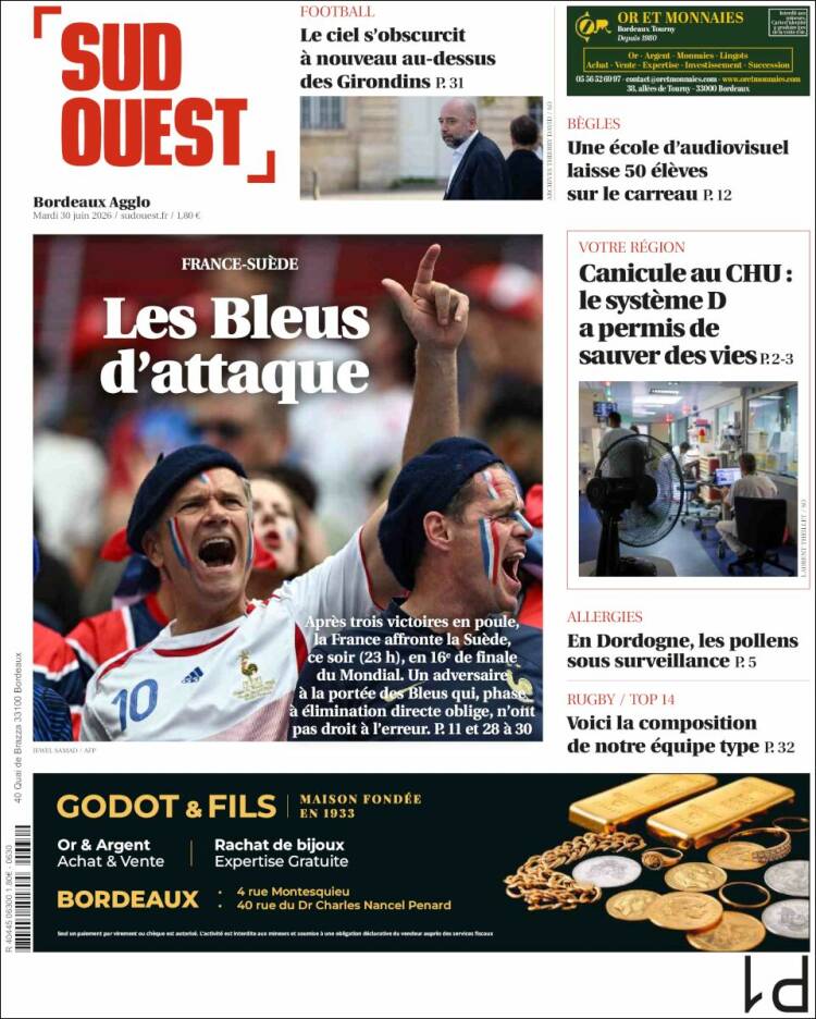 Portada de Sud Ouest (Francia)