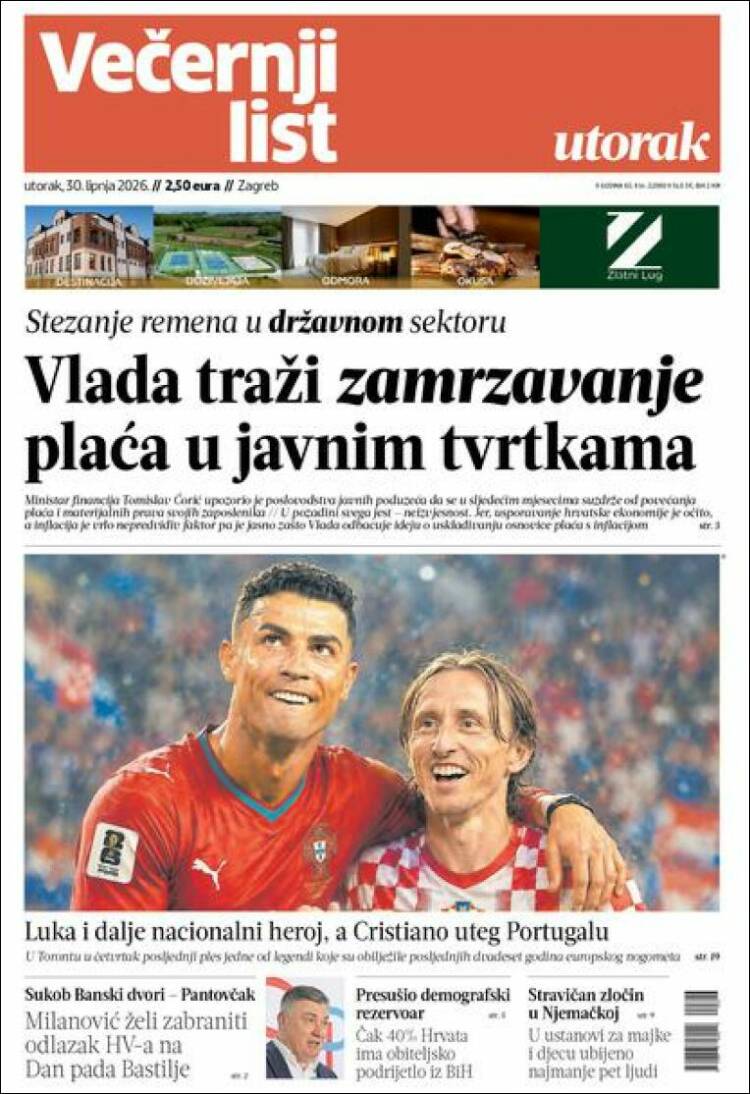 Portada de Večernji (Croacia)