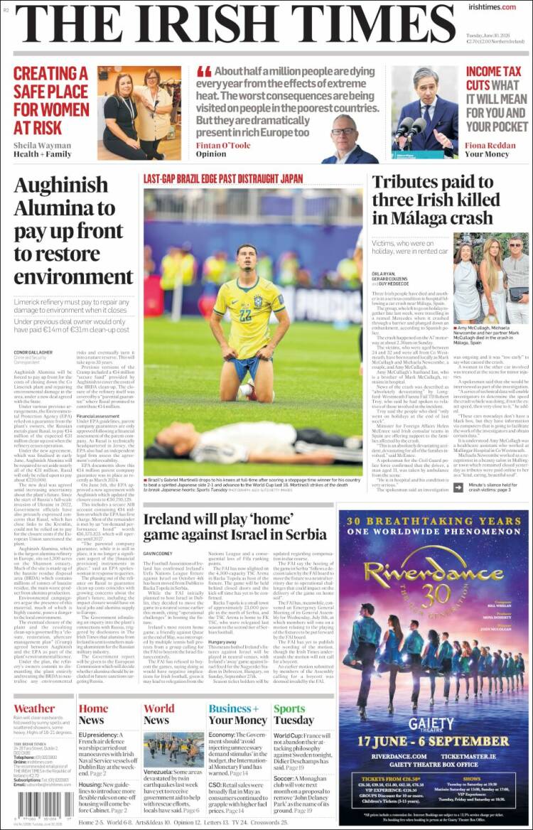 Portada de Irish Times (Irlanda)