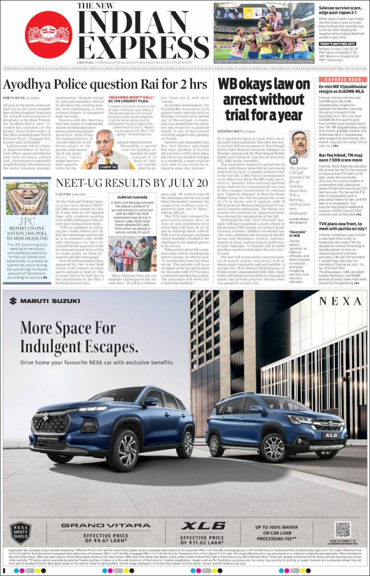 Portada de New Indian Express (India)