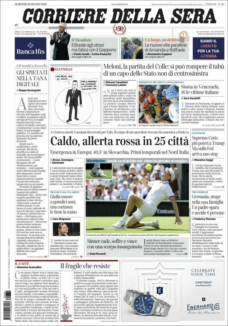 Portada de Corriere della Sera (Italia)
