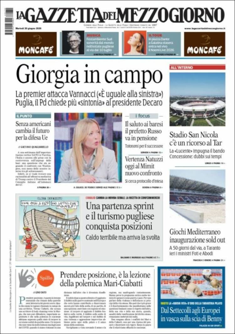 Portada de La Gazzetta del Mezzogiorno (Italia)
