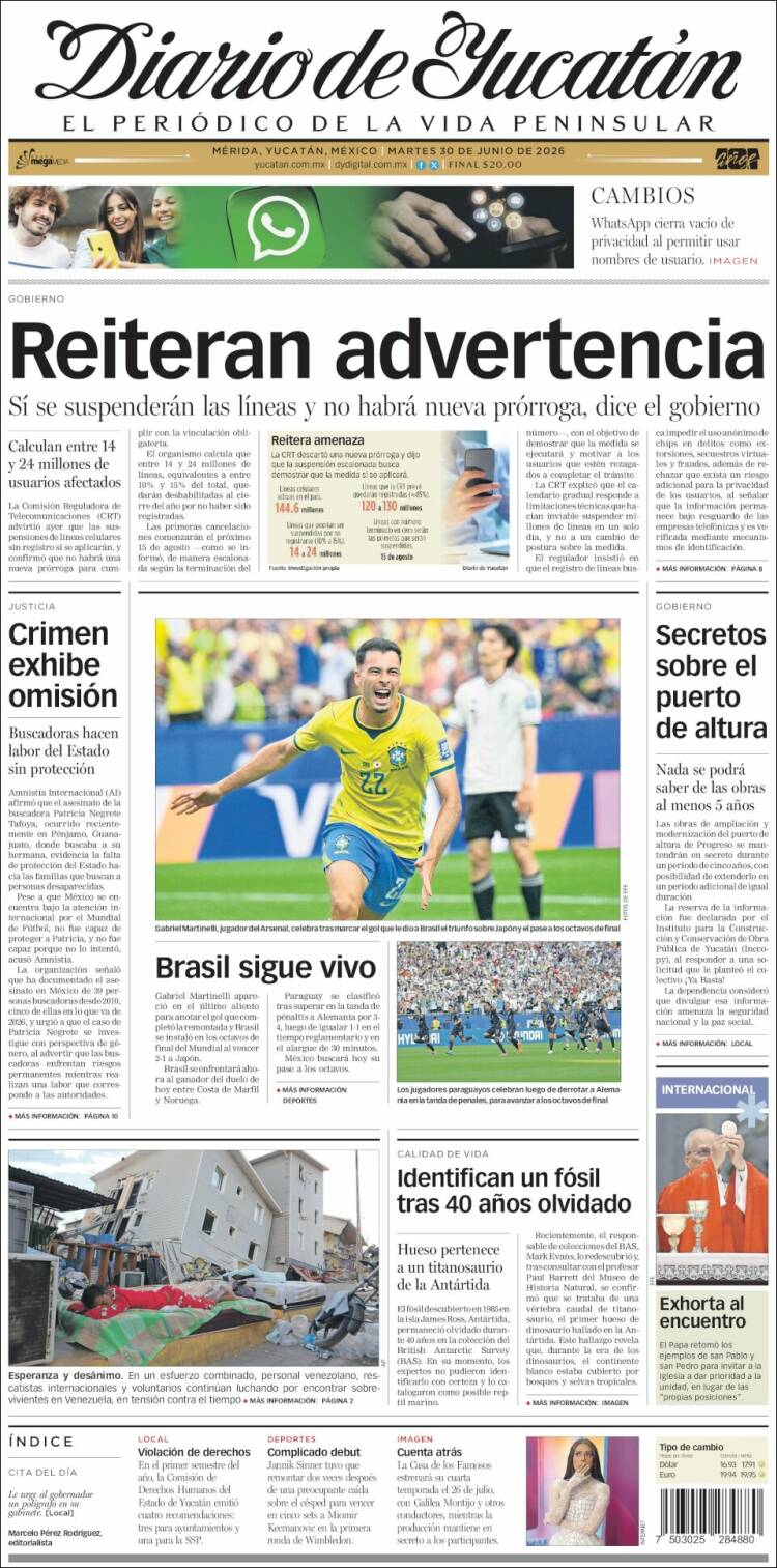Portada de Diario de Yucatán (M&eacute;xico)