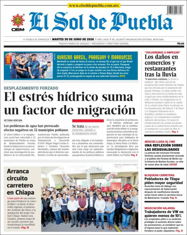 Portada de El Sol de Puebla (M&eacute;xico)