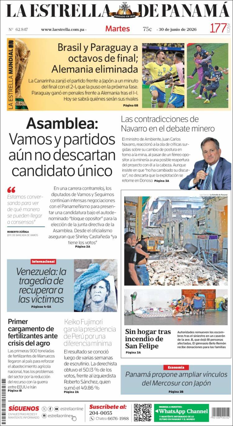 Portada de La Estrella de Panamá (Panam&aacute;)
