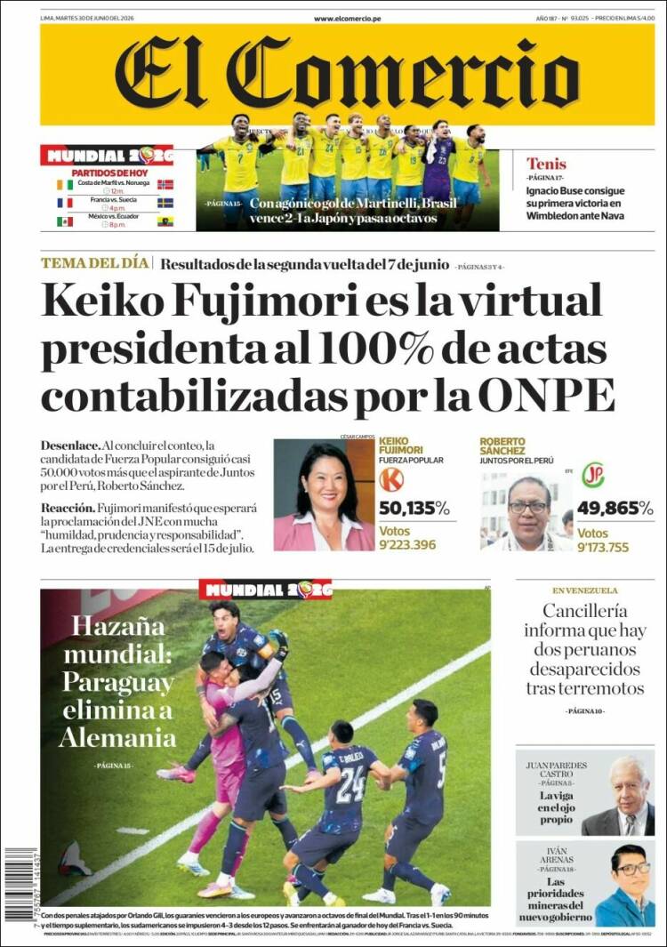 Portada de El Comercio (Per&uacute;)