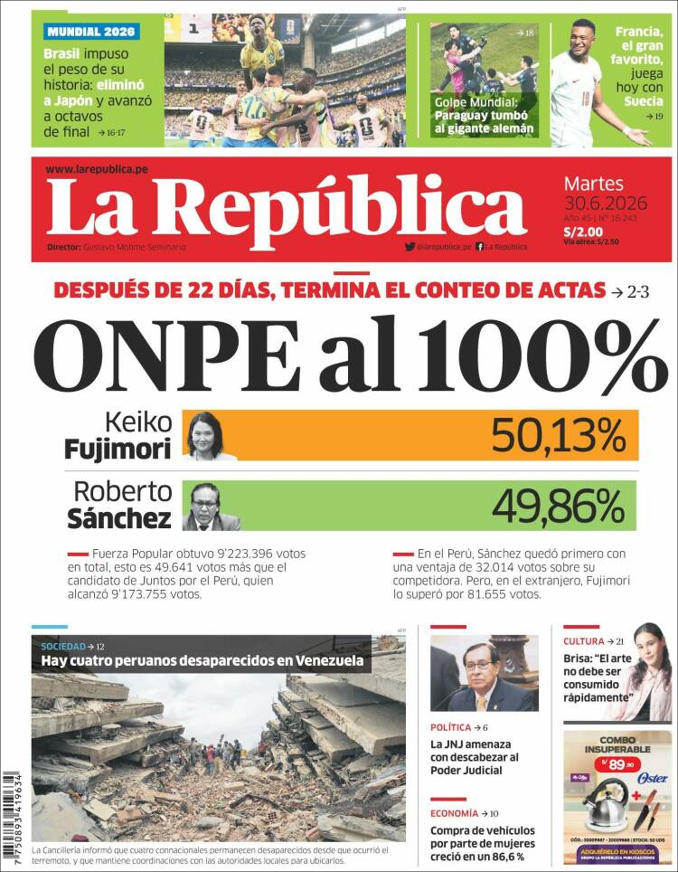 Portada de La Republica (Per&uacute;)