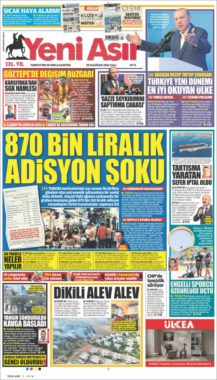 Portada de Yeni Asır (Turqu&iacute;a)