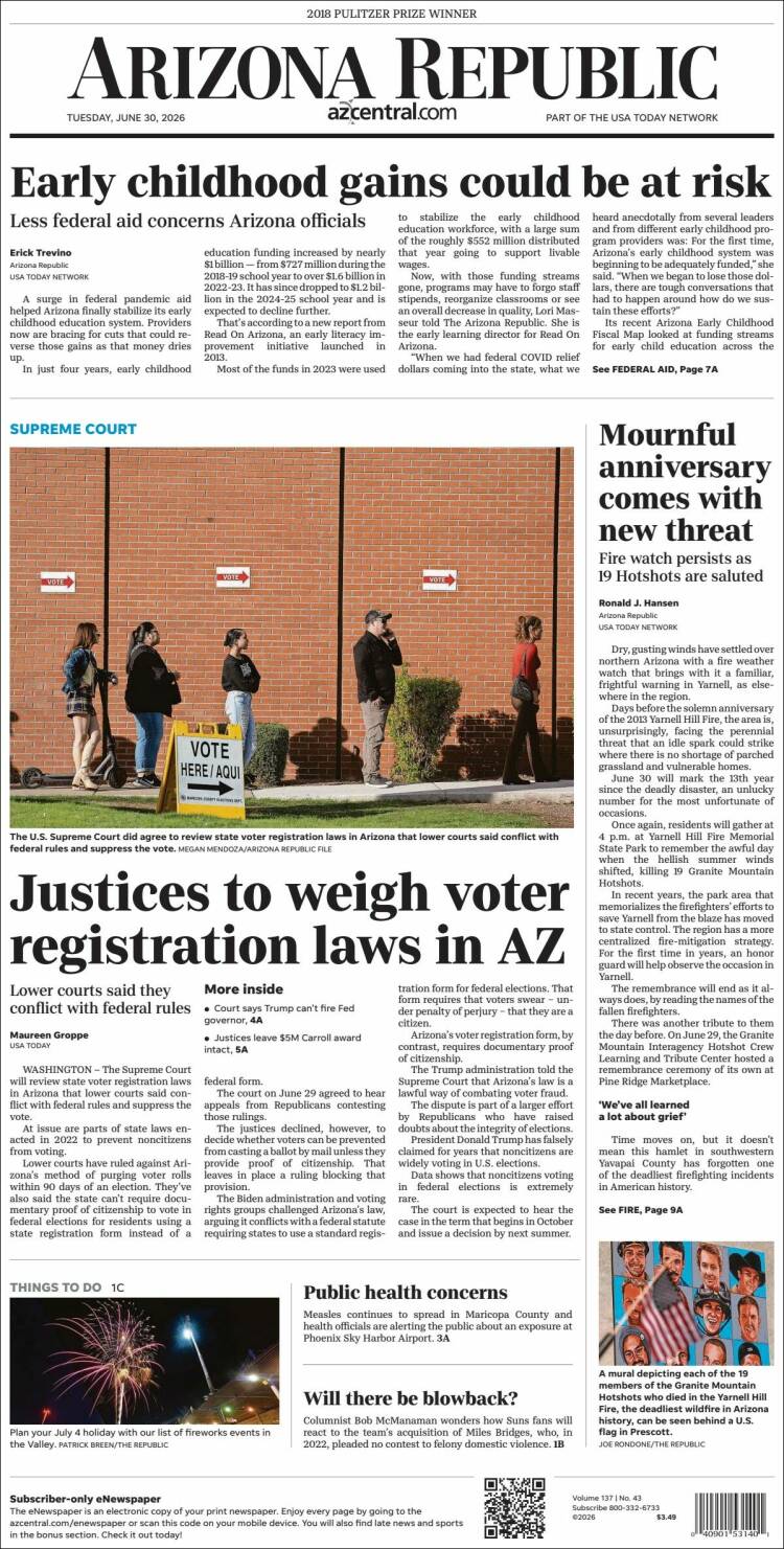 Portada de Arizona Republic News (USA)