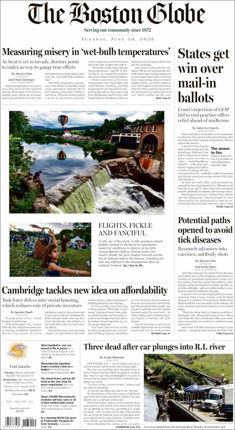 Portada de Boston Globe (USA)