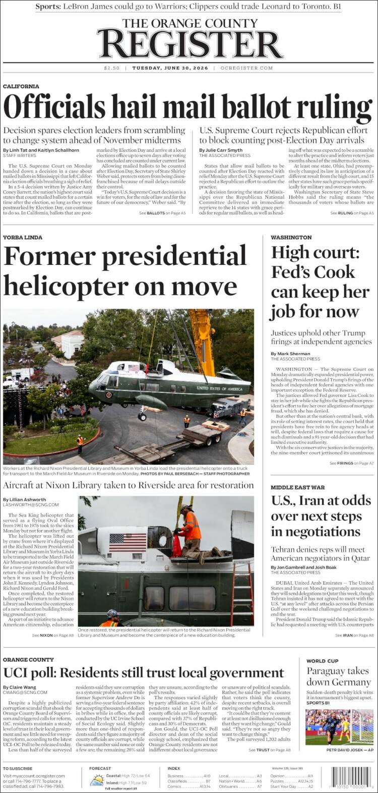 Portada de The Orange County Register (USA)