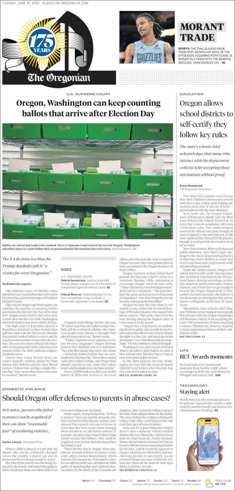 Portada de The Oregonian (USA)
