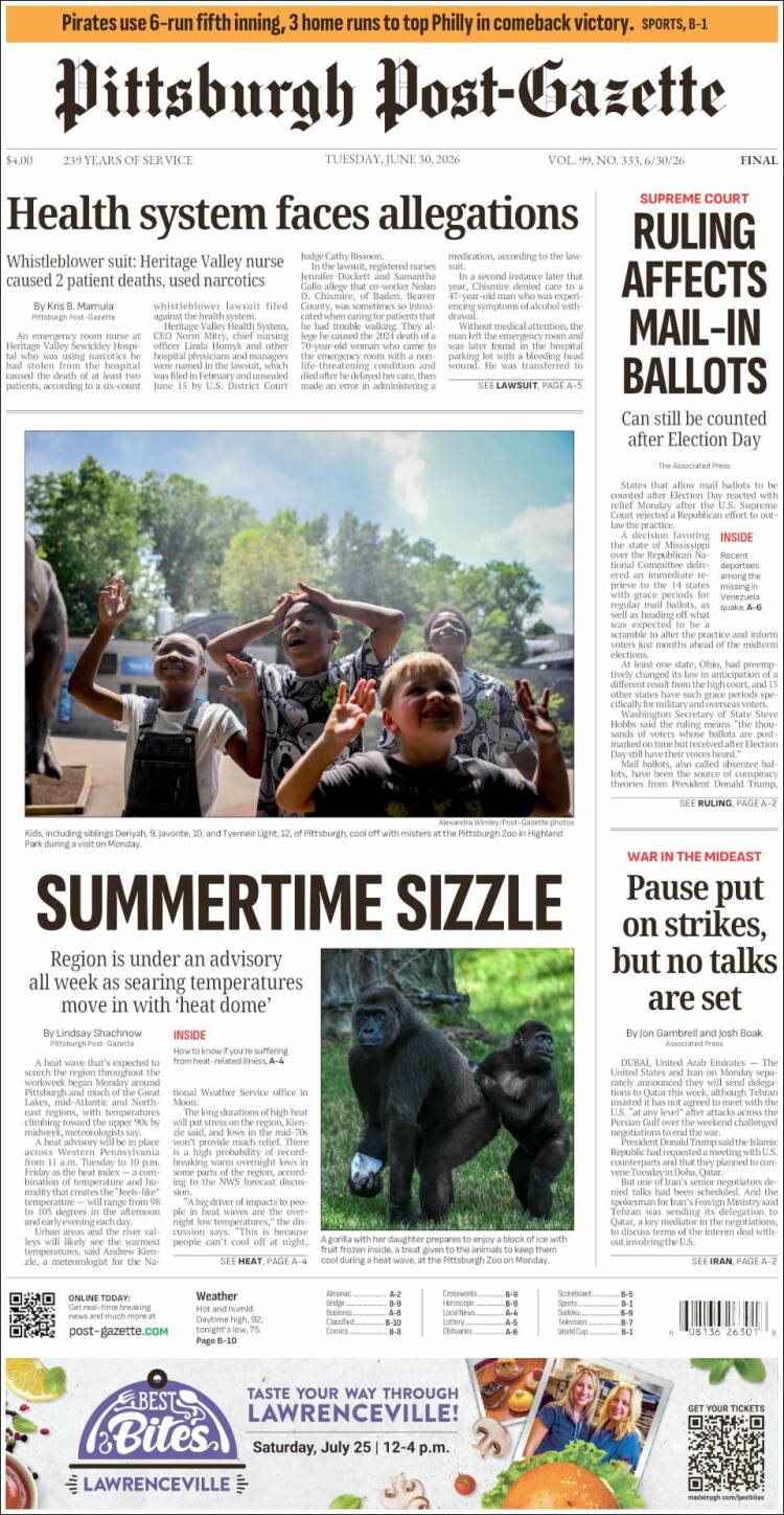 Portada de Pittsburgh Post-Gazette (USA)