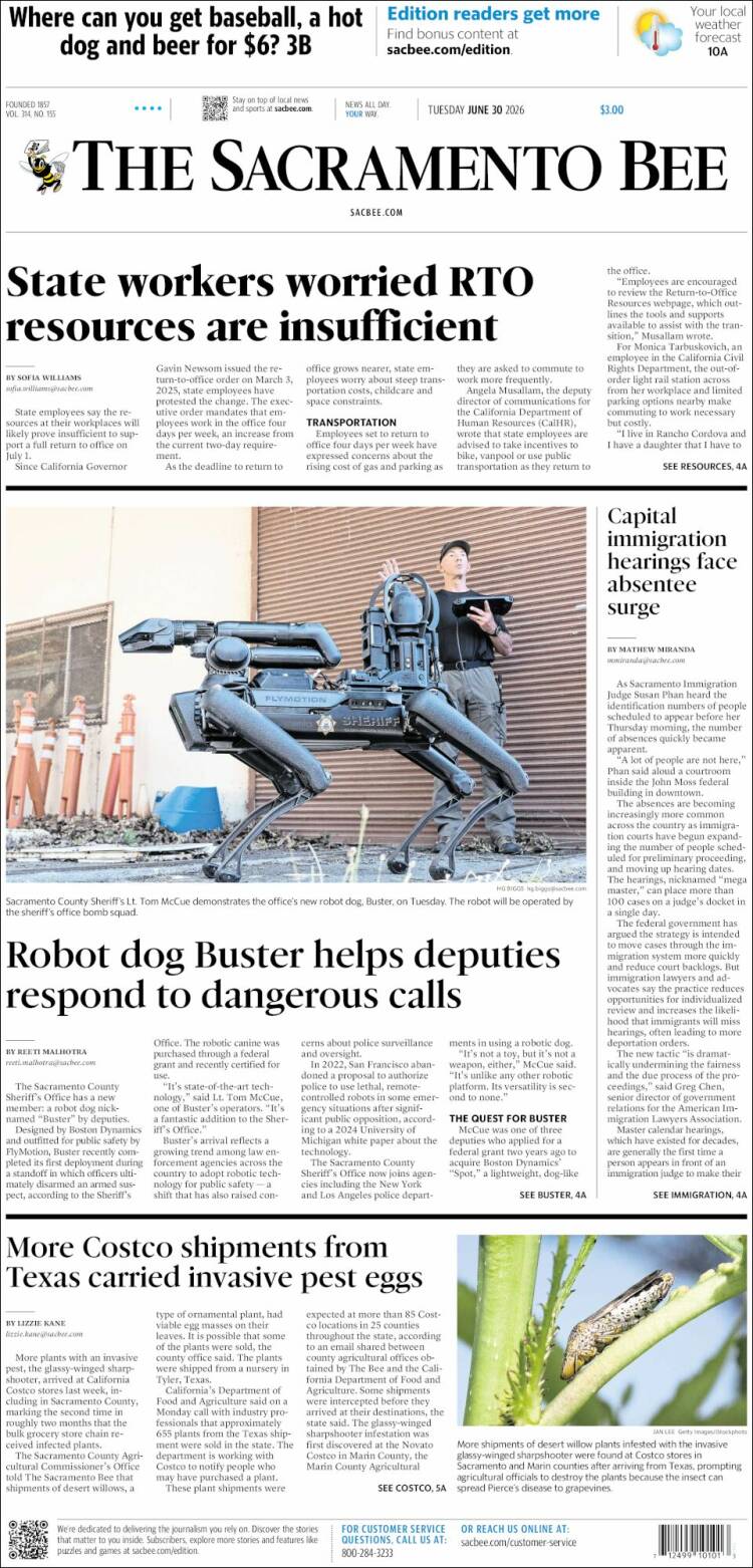 Portada de The Sacramento Bee (USA)