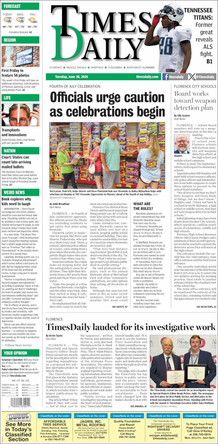 Portada de Times Daily (USA)