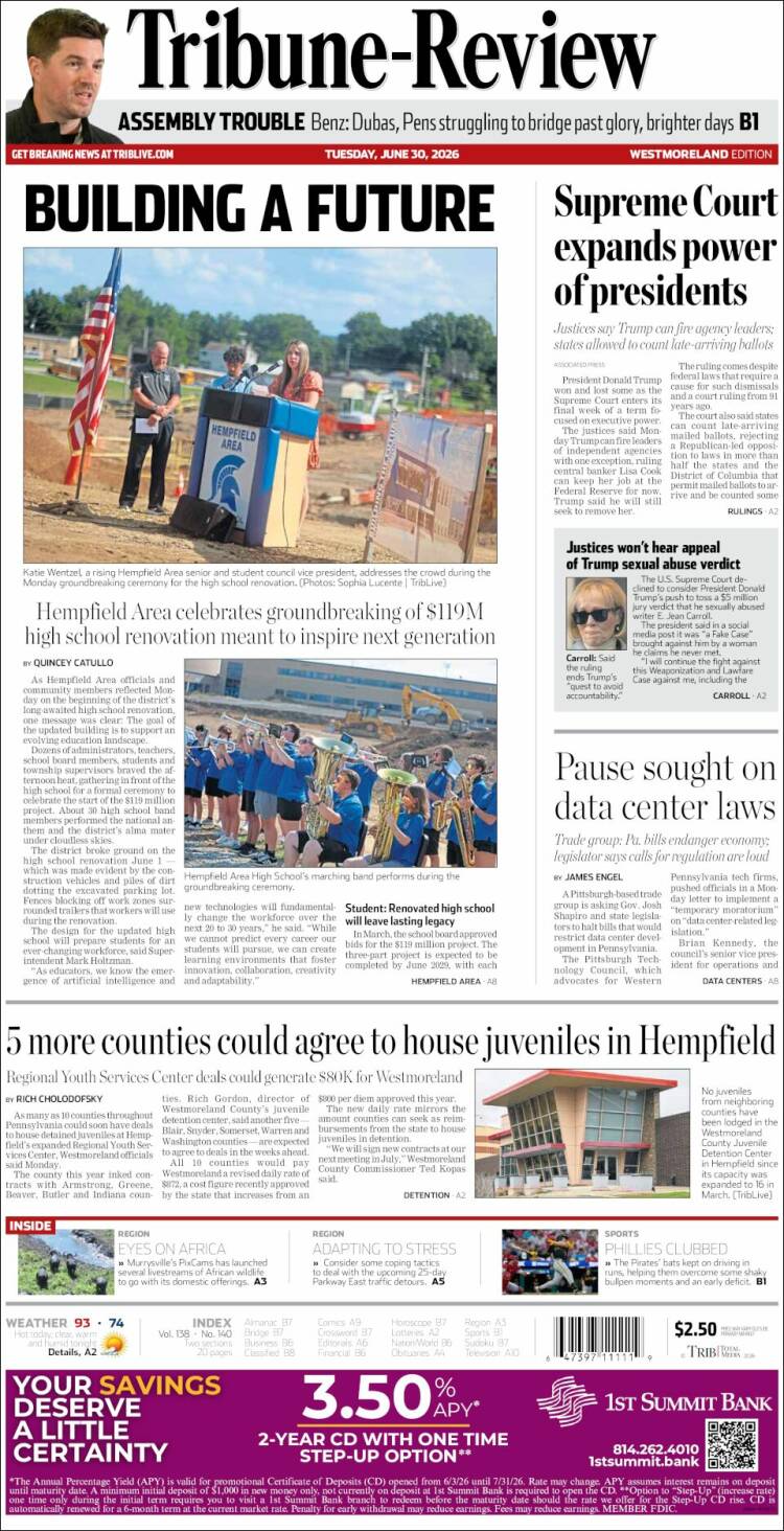 Portada de Tribune-Review (USA)