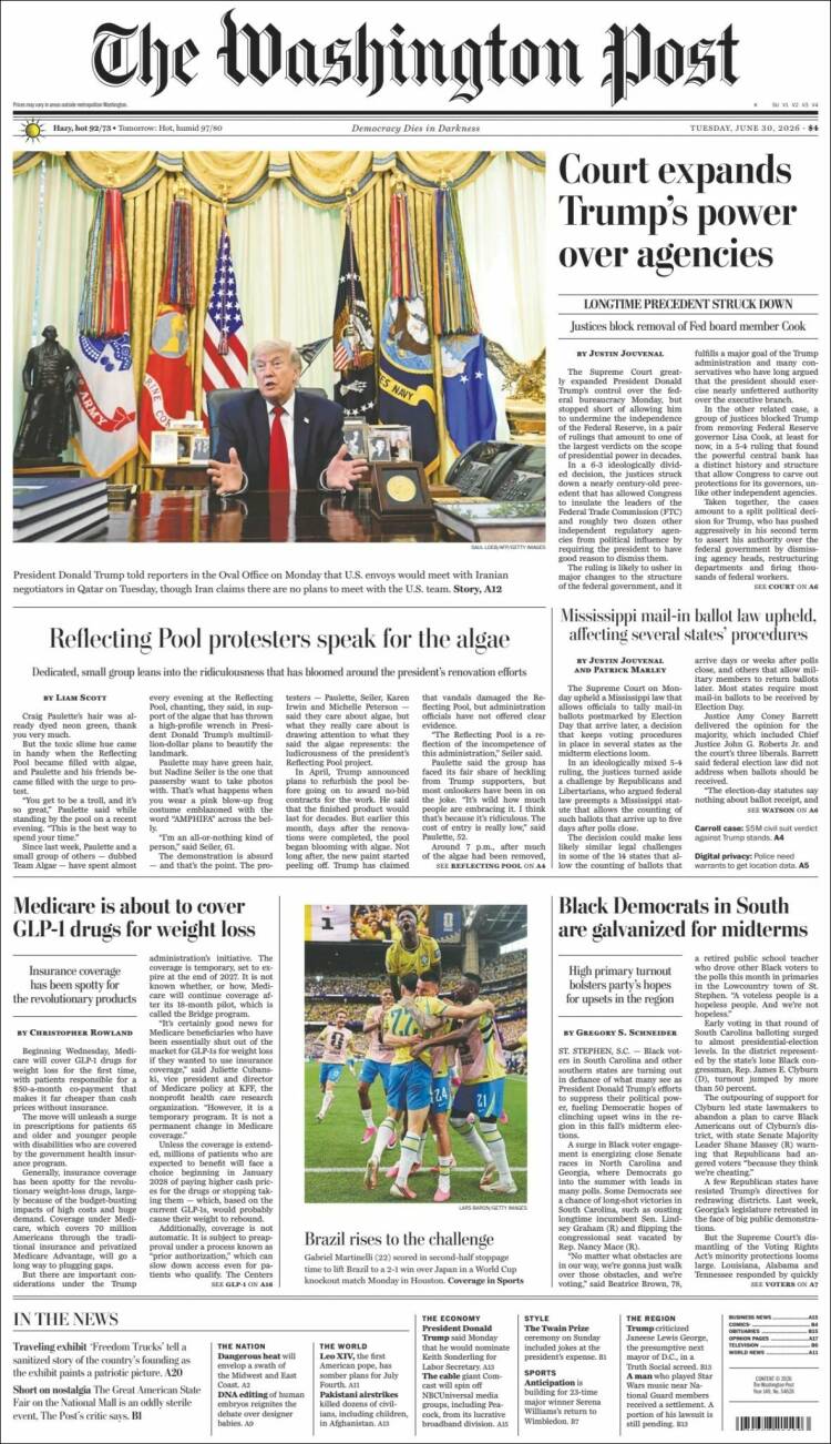 Portada de The Washington Post (USA)