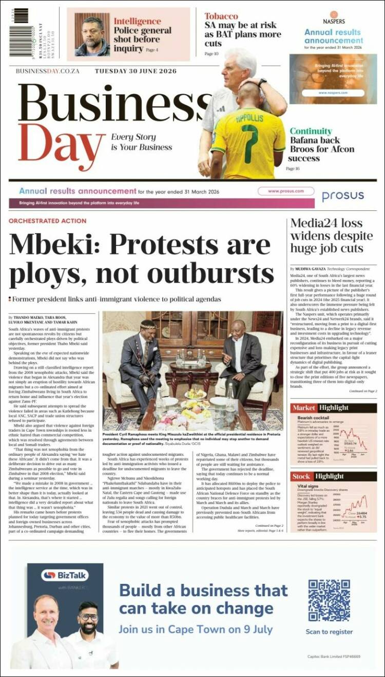 Portada de Business Day (Sud&aacute;frica)