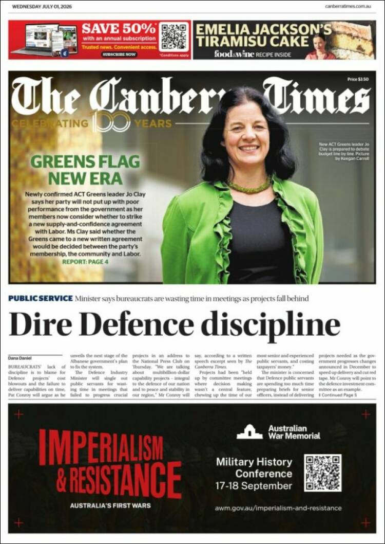 Portada de The Canberra Times (Australia)